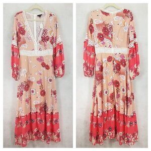 NEW ALY DALY M Floral Flamingo Long Sleeve Maxi Boho Dress NWT